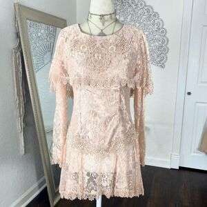 Vintage Ethereal Light Blush Pink Sheer Asymmetric Lace Mini Tunic Dress S